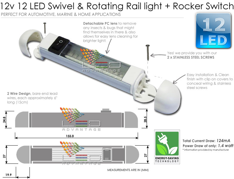 12V SWIVEL ROTATING 12 LED RAIL CABIN LIGHT CAR/BOAT  